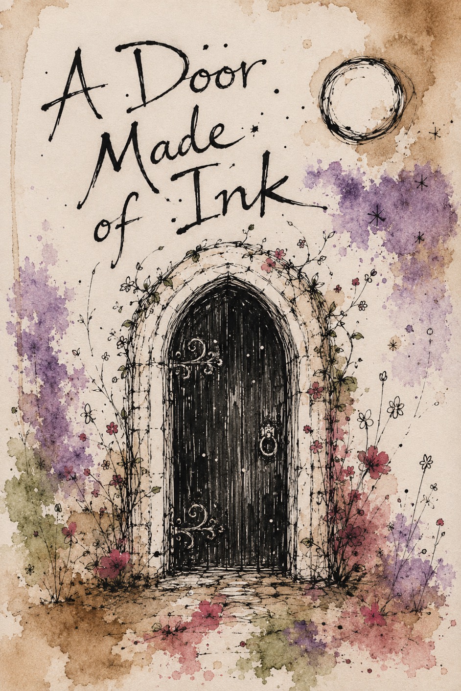 Watercolour cover of A Door Made of Ink, showing a black arched door among flowers