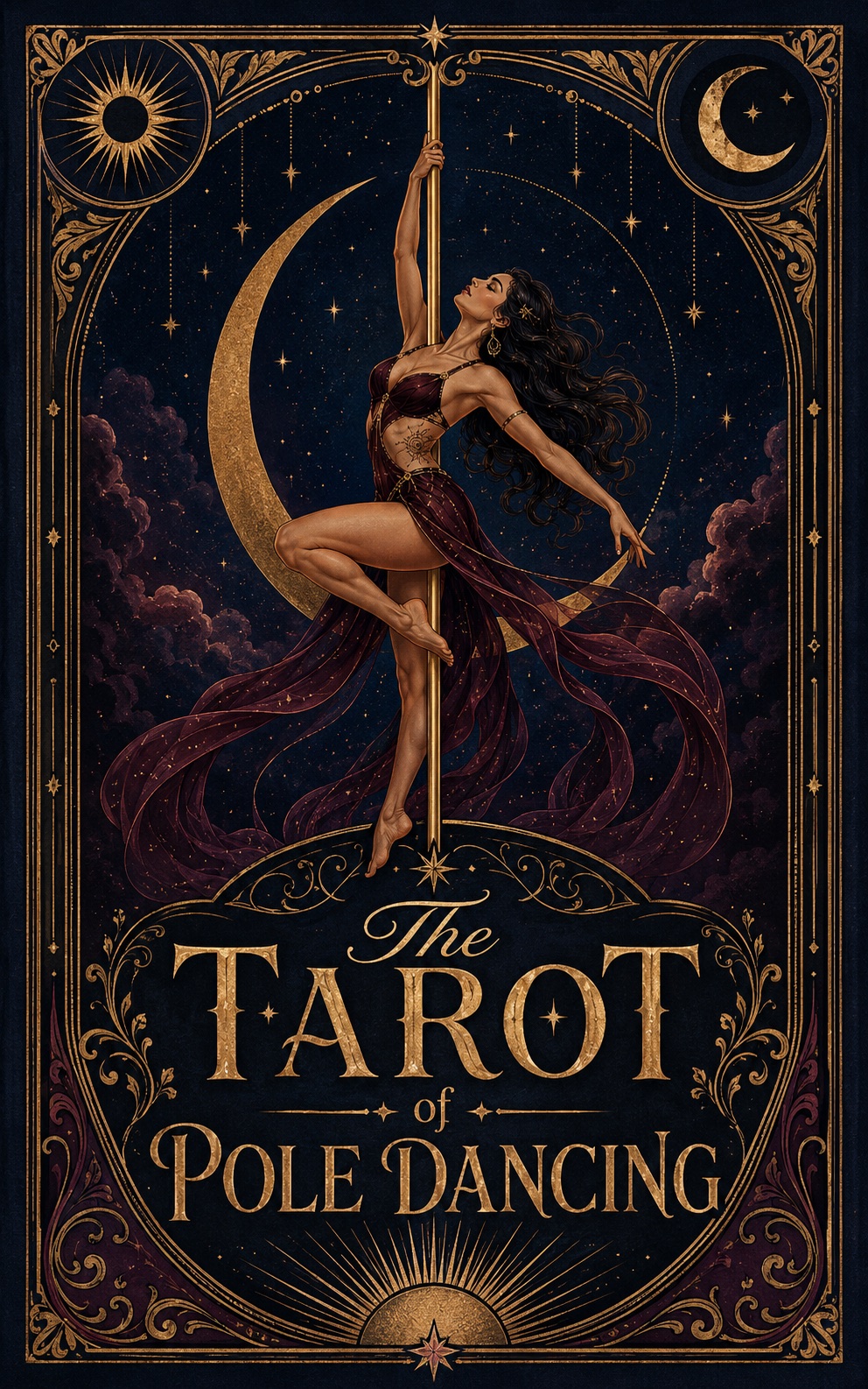 Cover of The Tarot of Pole Dancing with a dancer on a pole under a crescent moon